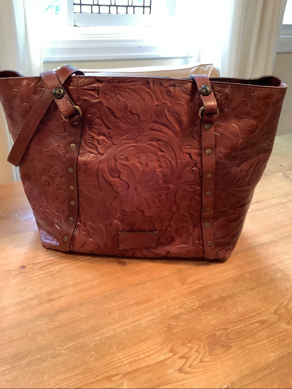 PATRICIA NASH BENVENUTO BRITISH TAN TOOLED LEATHER LARGE TOTE BAG